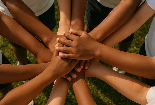 Youth hands joined together showing teamwork and unity