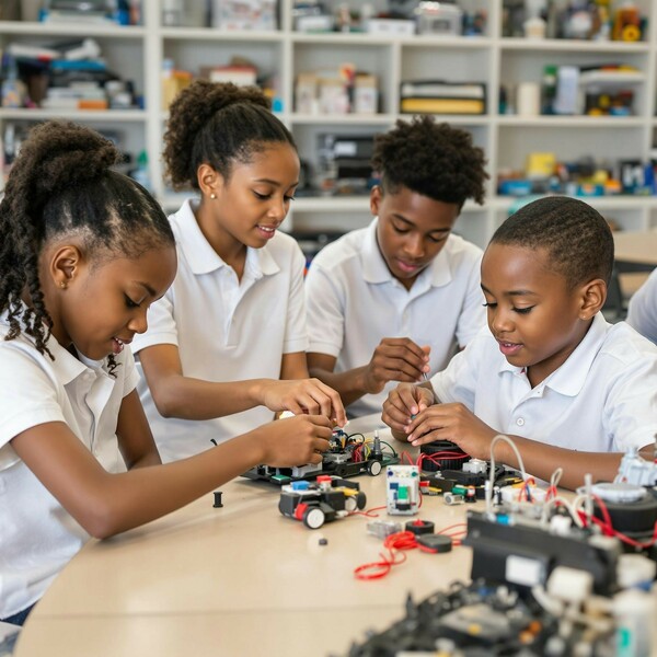 Students building robots in STEM workshop